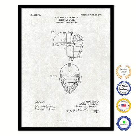 1907 Catcher's Mask Old Patent Art Print on Canvas Custom Framed Vintage Home Decor Wall Decoration Great for Gifts