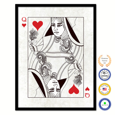 Queen Heart Poker Decks of Vintage Cards Print on Canvas Black Custom Framed