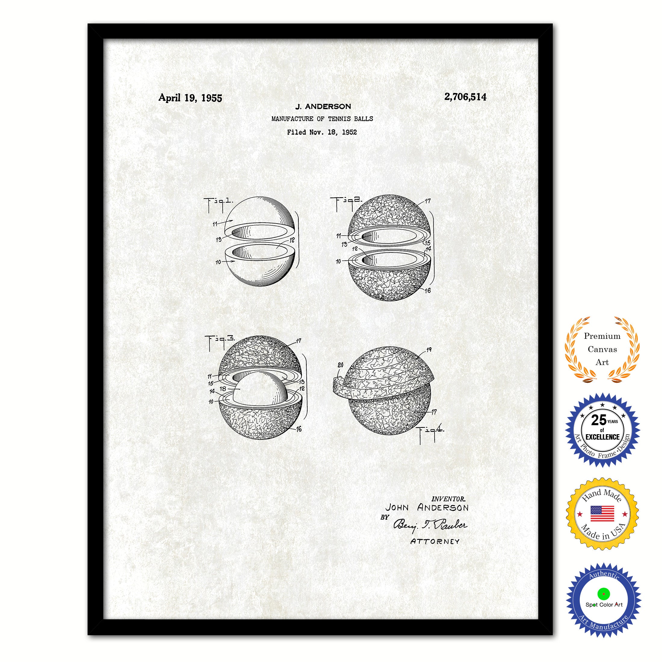 1955 Manufacture of Tennis Balls Old Patent Art Print on Canvas Custom Framed Vintage Home Decor Wall Decoration Great for Gifts