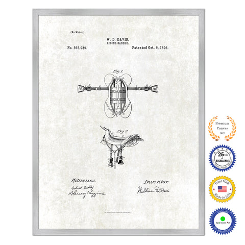 1896 Cowboy Riding Saddle Antique Patent Artwork Silver Framed Canvas Print Home Office Decor Great for Cowboy Cowgirl Horseback Rider