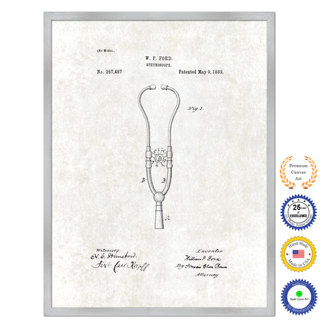 1882 Doctor Stethoscope Antique Patent Artwork Silver Framed Canvas Print Home Office Decor Great for Doctor Paramedic Surgeon Hospital Medical Student