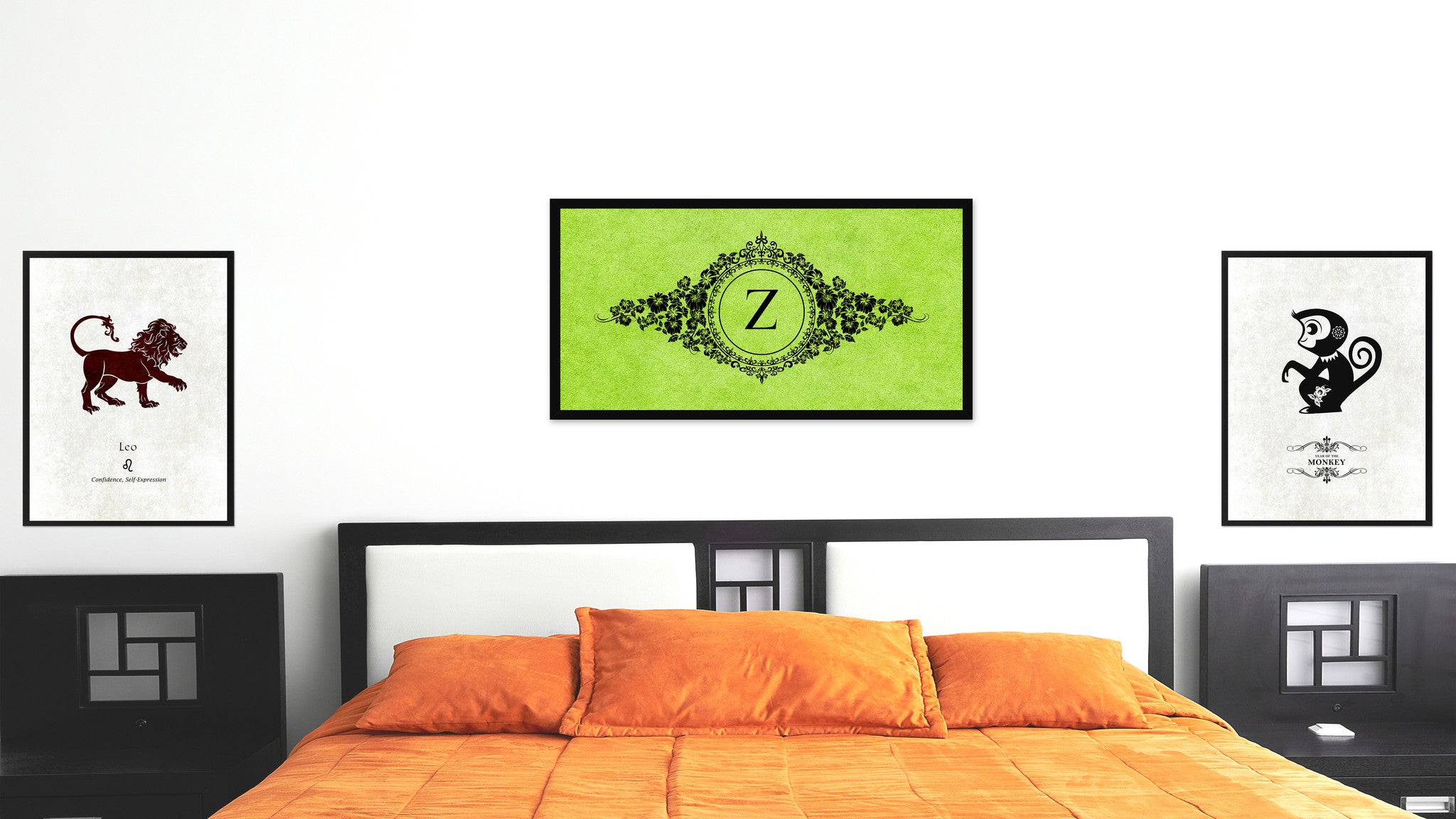 Alphabet Letter Z Green Canvas Print, Black Custom Frame