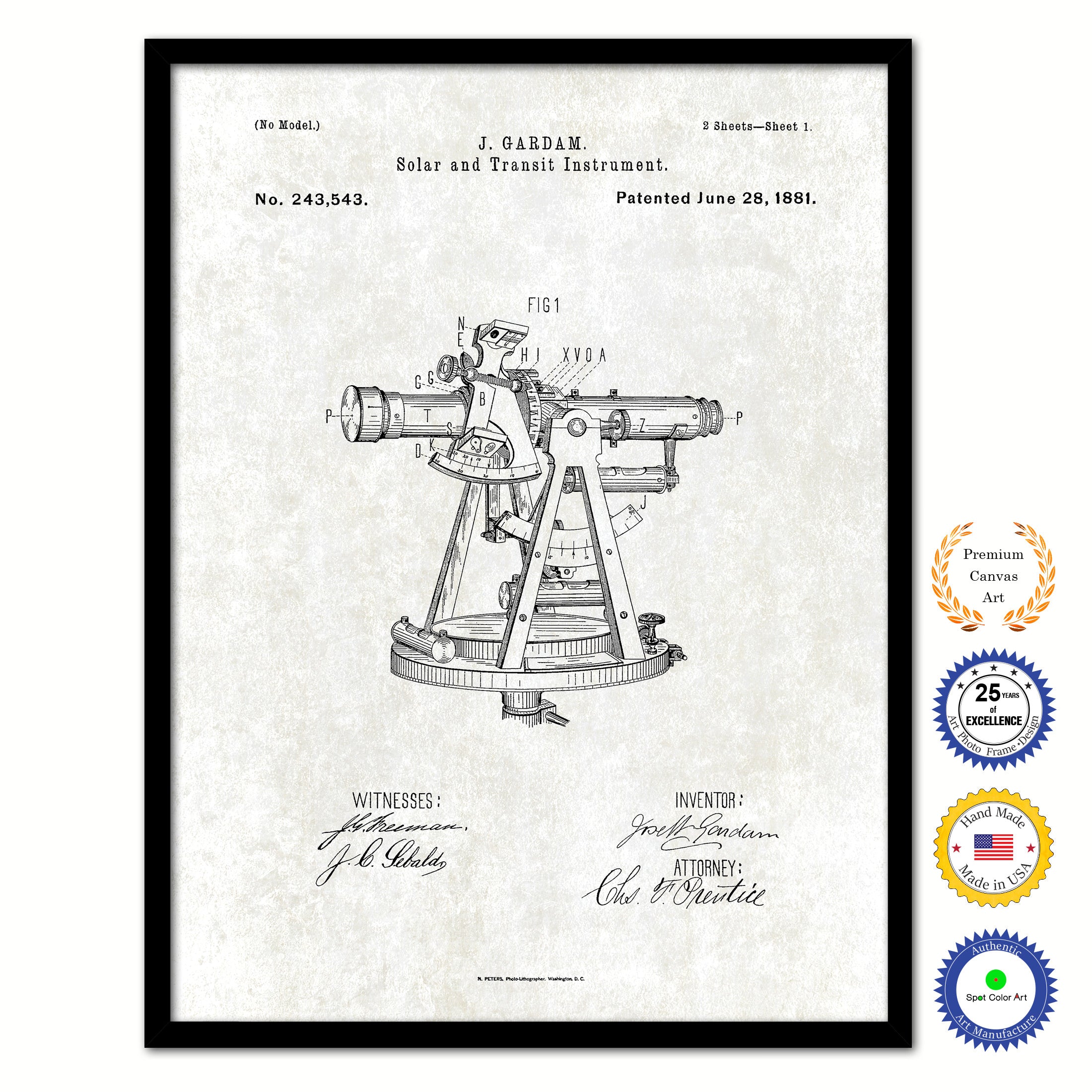 1881 Solar and transit instrument Old Patent Art Print on Canvas Custom Framed Vintage Home Decor Wall Decoration Great for Gifts