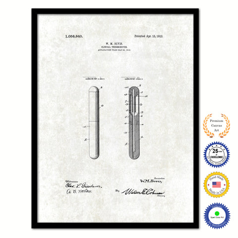 1913 Doctor Clinical Thermometer Vintage Patent Artwork Black Framed Canvas Print Home Office Decor Great for Doctor Paramedic Surgeon Hospital Medical Student