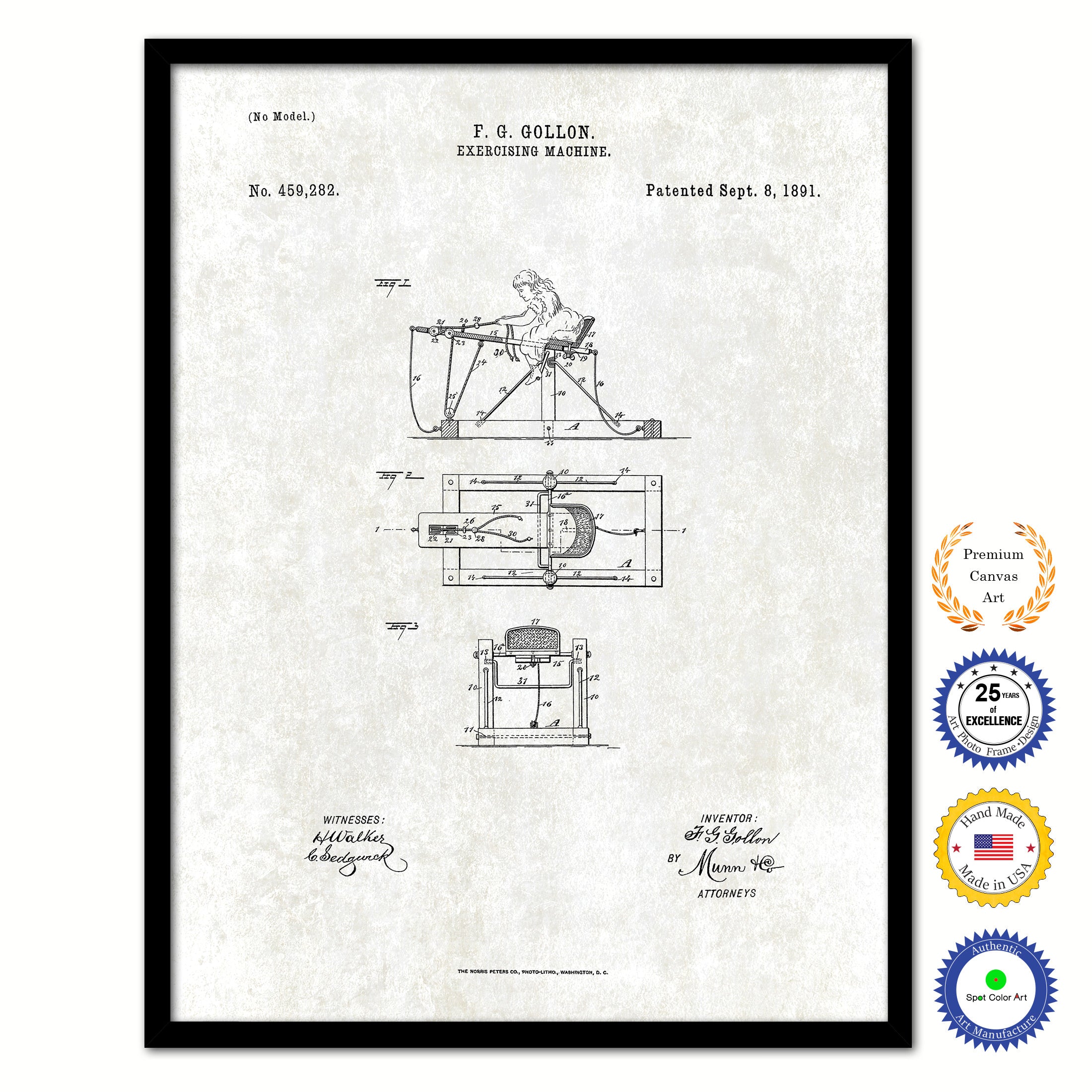 1891 Exercising Machine Old Patent Art Print on Canvas Custom Framed Vintage Home Decor Wall Decoration Great for Gifts
