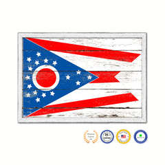 Ohio State Flag Shabby Chic Gifts Home Decor Wall Art Canvas Print, White Wash Wood Frame