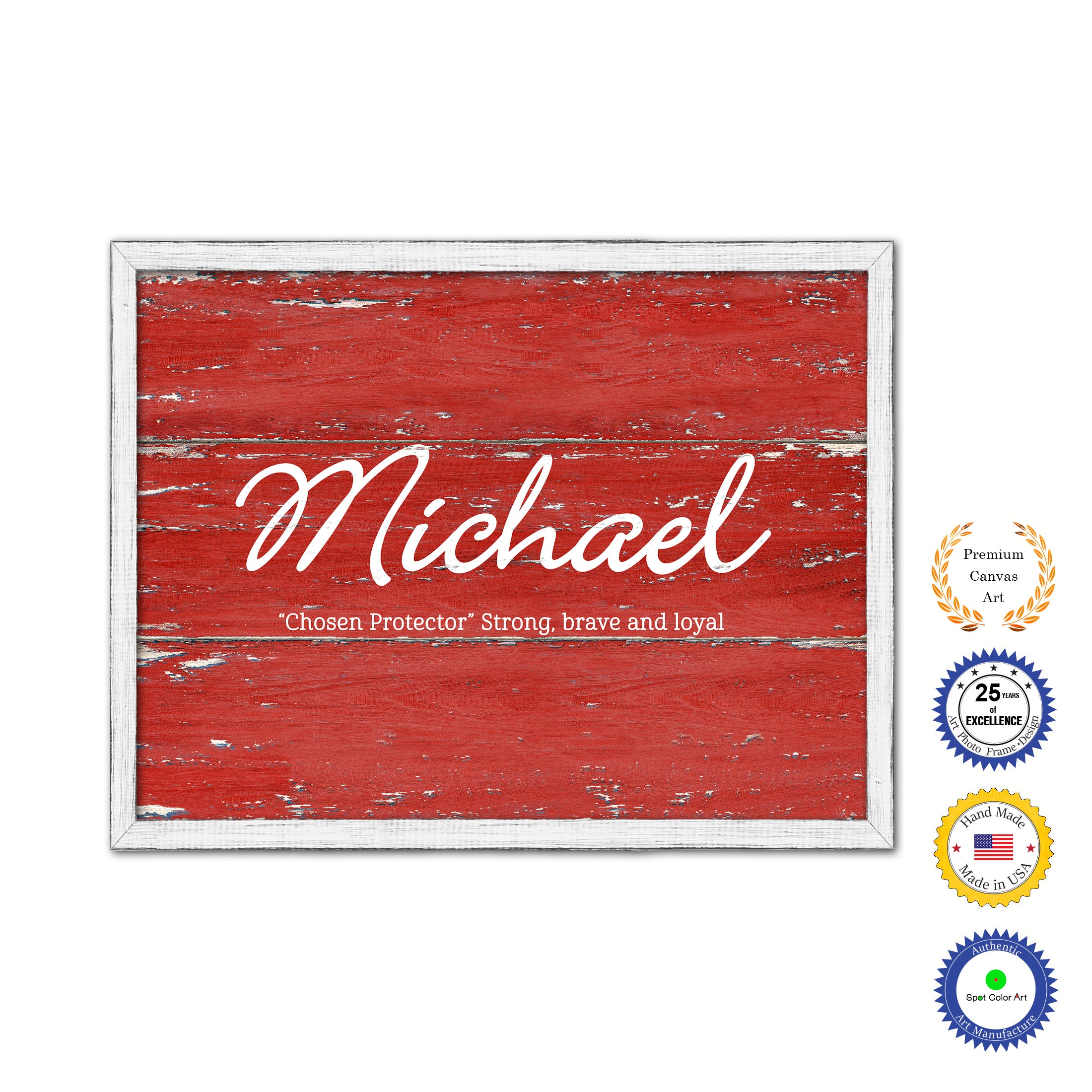 Michael Name Plate White Wash Wood Frame Canvas Print Boutique Cottage Decor Shabby Chic