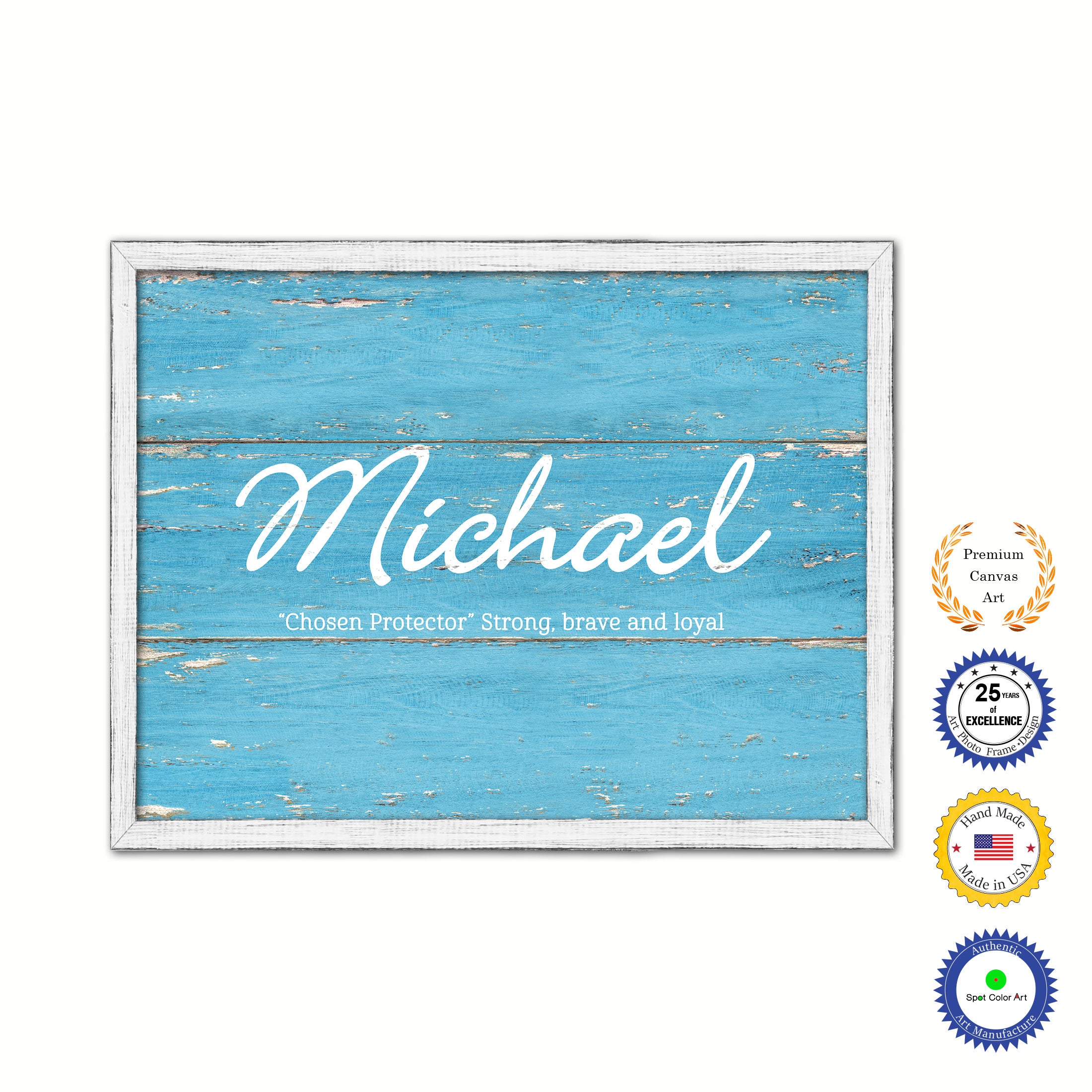 Michael Name Plate White Wash Wood Frame Canvas Print Boutique Cottage Decor Shabby Chic