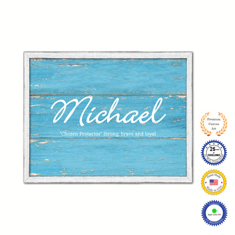Michael Name Plate White Wash Wood Frame Canvas Print Boutique Cottage Decor Shabby Chic