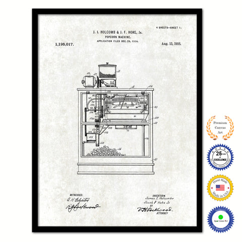 1916 Popcorn Machine Old Patent Art Print on Canvas Custom Framed Vintage Home Decor Wall Decoration Great for Gifts