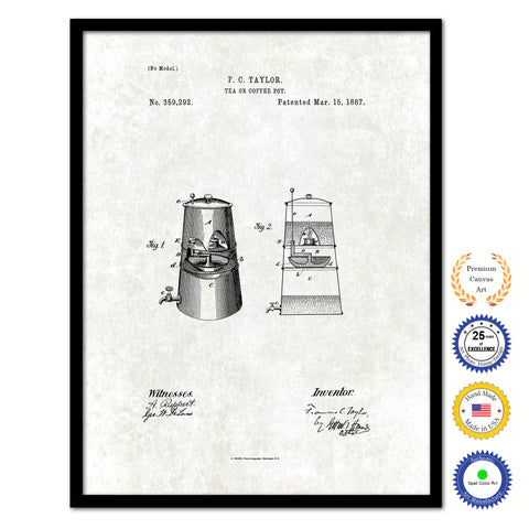 1887 Tea or Coffee Pot Vintage Patent Artwork Black Framed Canvas Print Home Office Decor Great for Coffee Lover Cafe Tea Shop