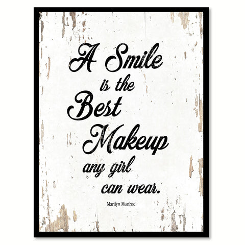 A smile is the best makeup any girl can wear - Marilyn Monroe  Inspirational Quote Saying Canvas Print with Picture Frame Home Decor Wall Art, White