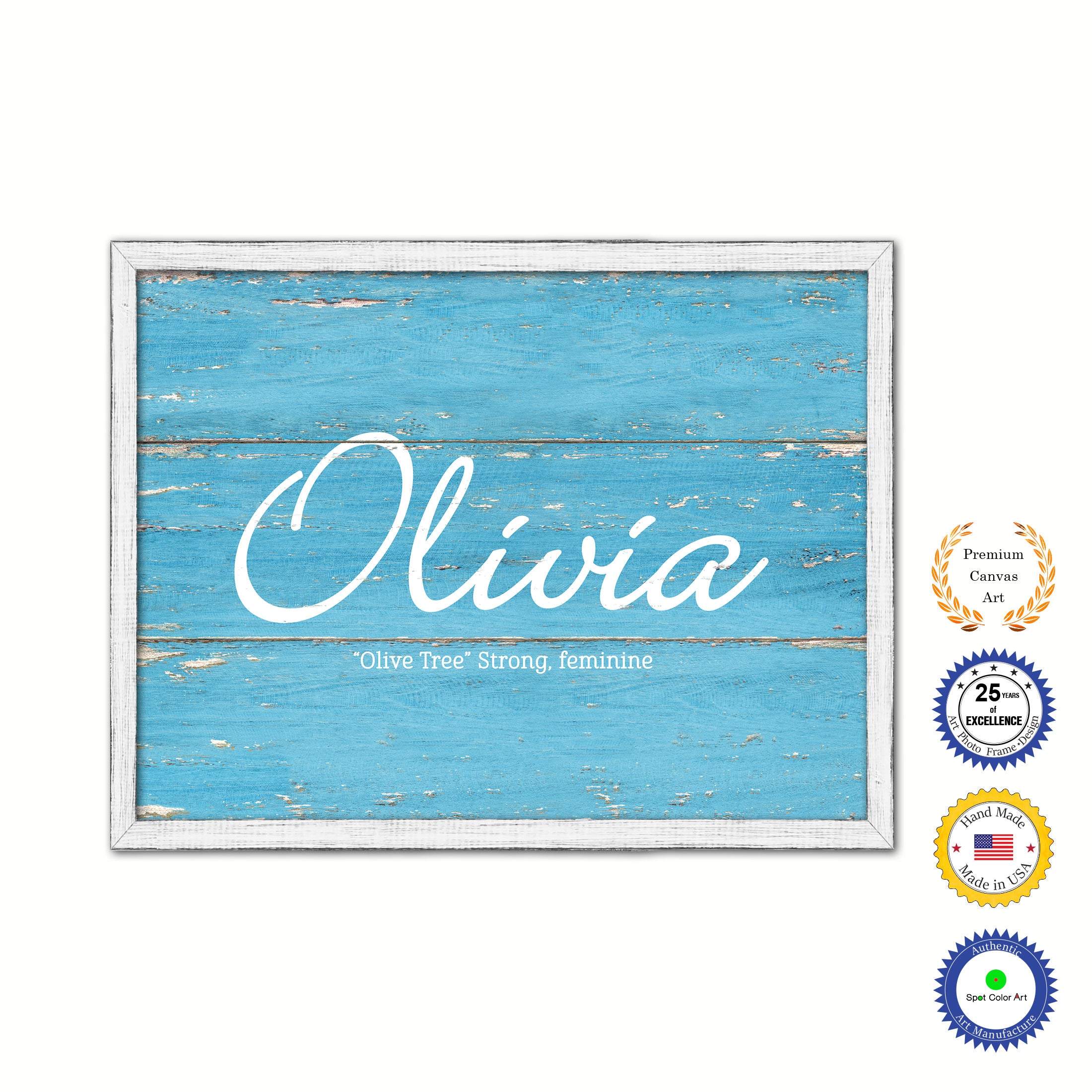 Olivia Name Plate White Wash Wood Frame Canvas Print Boutique Cottage Decor Shabby Chic