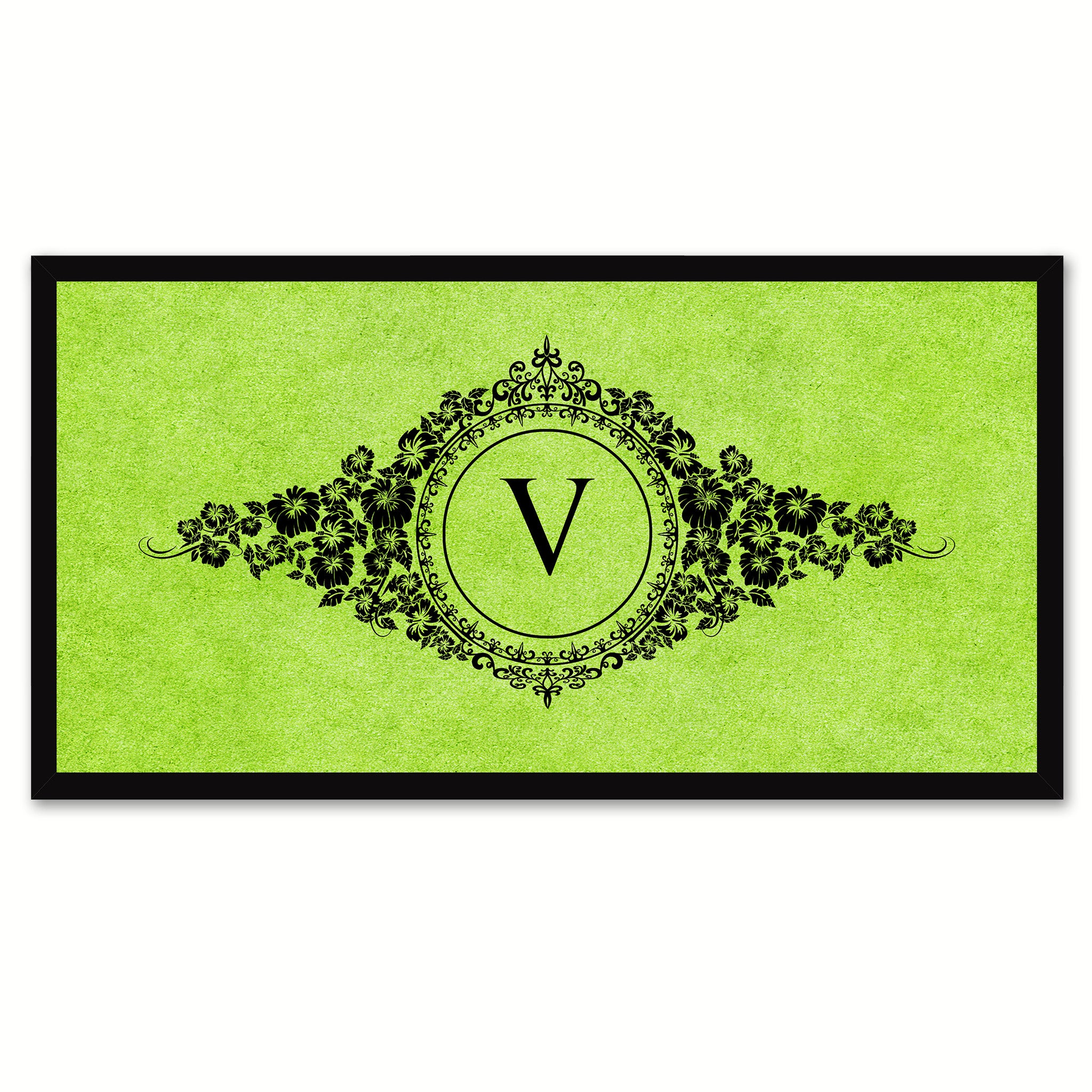 Alphabet Letter V Green Canvas Print, Black Custom Frame