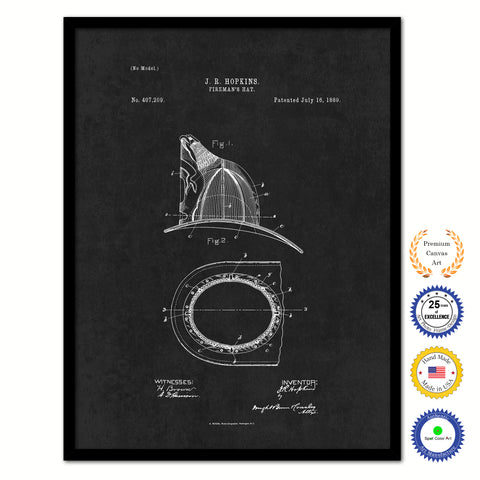 1889 Firefighter Fireman's Hat Vintage Patent Artwork Black Framed Canvas Home Office Decor Great for Firefighter Fireman Firewoman