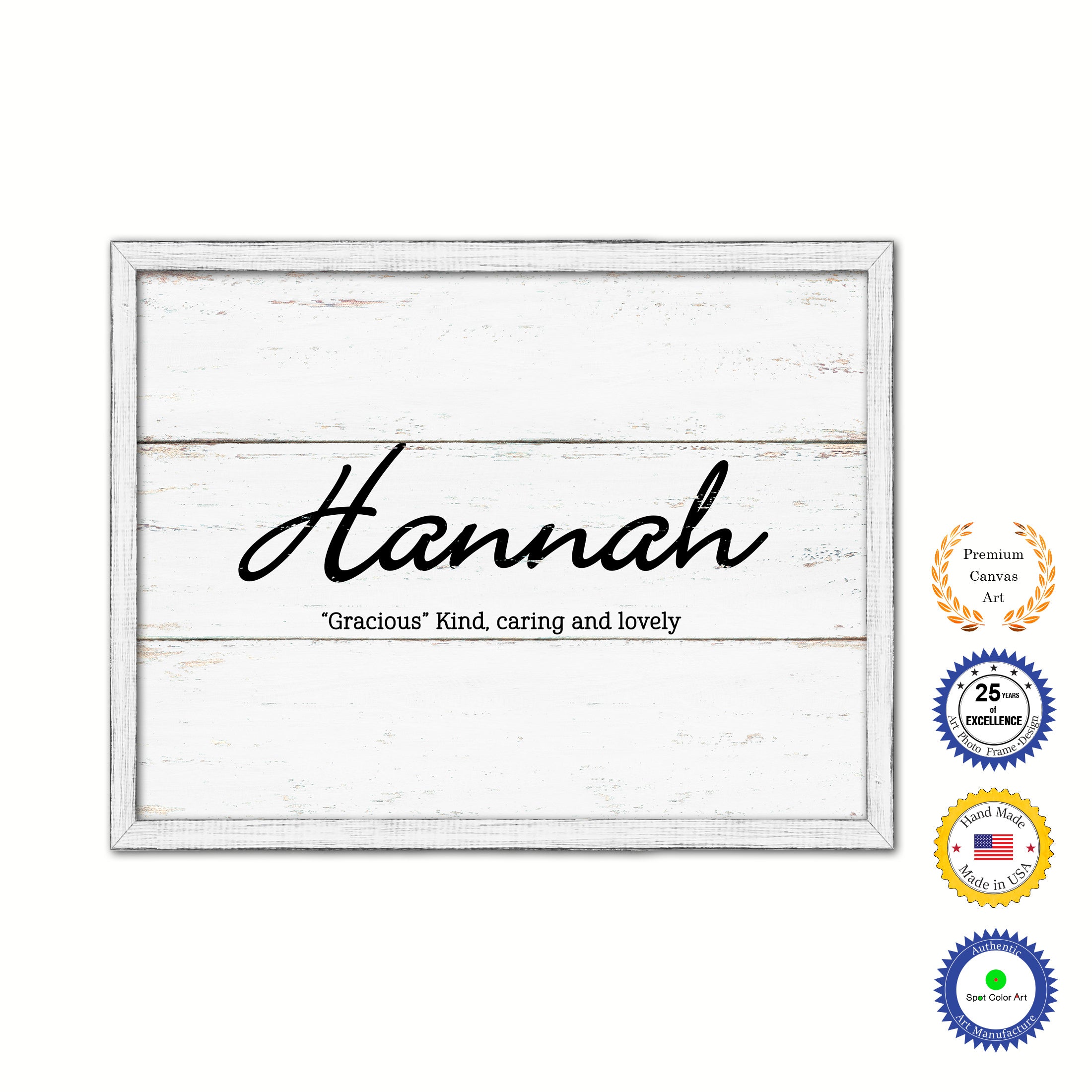 Hannah Name Plate White Wash Wood Frame Canvas Print Boutique Cottage Decor Shabby Chic