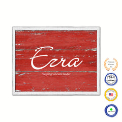 Ezra Name Plate White Wash Wood Frame Canvas Print Boutique Cottage Decor Shabby Chic