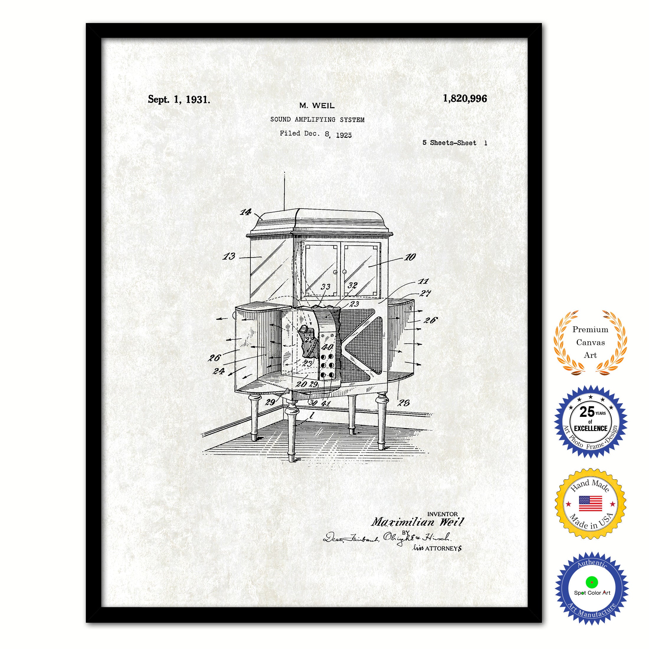 1931 Sound Amplifying System Old Patent Art Print on Canvas Custom Framed Vintage Home Decor Wall Decoration Great for Gifts