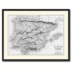 Spain Portugal Vintage B&W Map Canvas Print, Picture Frame Home Decor Wall Art Gift Ideas