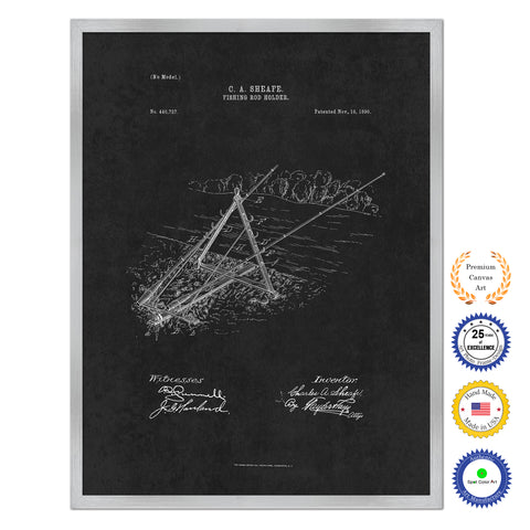1890 Fishing Rod Holder Antique Patent Artwork Silver Framed Canvas Home Office Decor Great for Fisherman Cabin Lake House