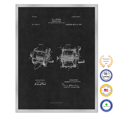 1903 Fishing Reel Antique Patent Artwork Silver Framed Canvas Home Office Decor Great for Fisherman Cabin Lake House