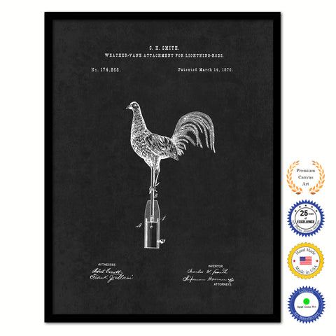 1876 Farming Weather Vane Attachment for Lightning Rods Vintage Patent Artwork Black Framed Canvas Home Office Decor Great for Farmer Milk Lover Cattle Rancher