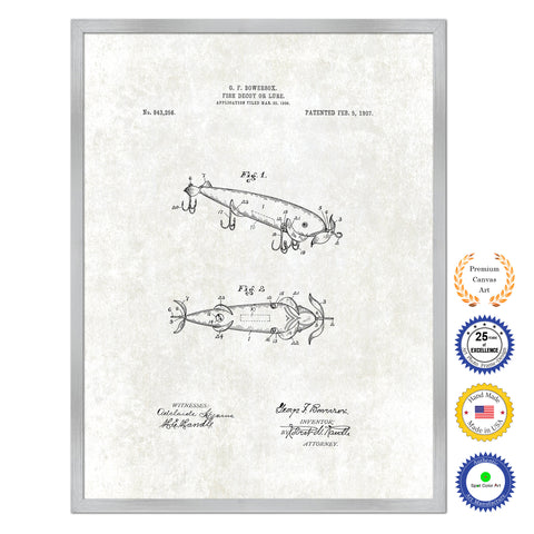 1907 Fishing Lure Antique Patent Artwork Silver Framed Canvas Print Home Office Decor Great for Fisherman Cabin Lake House