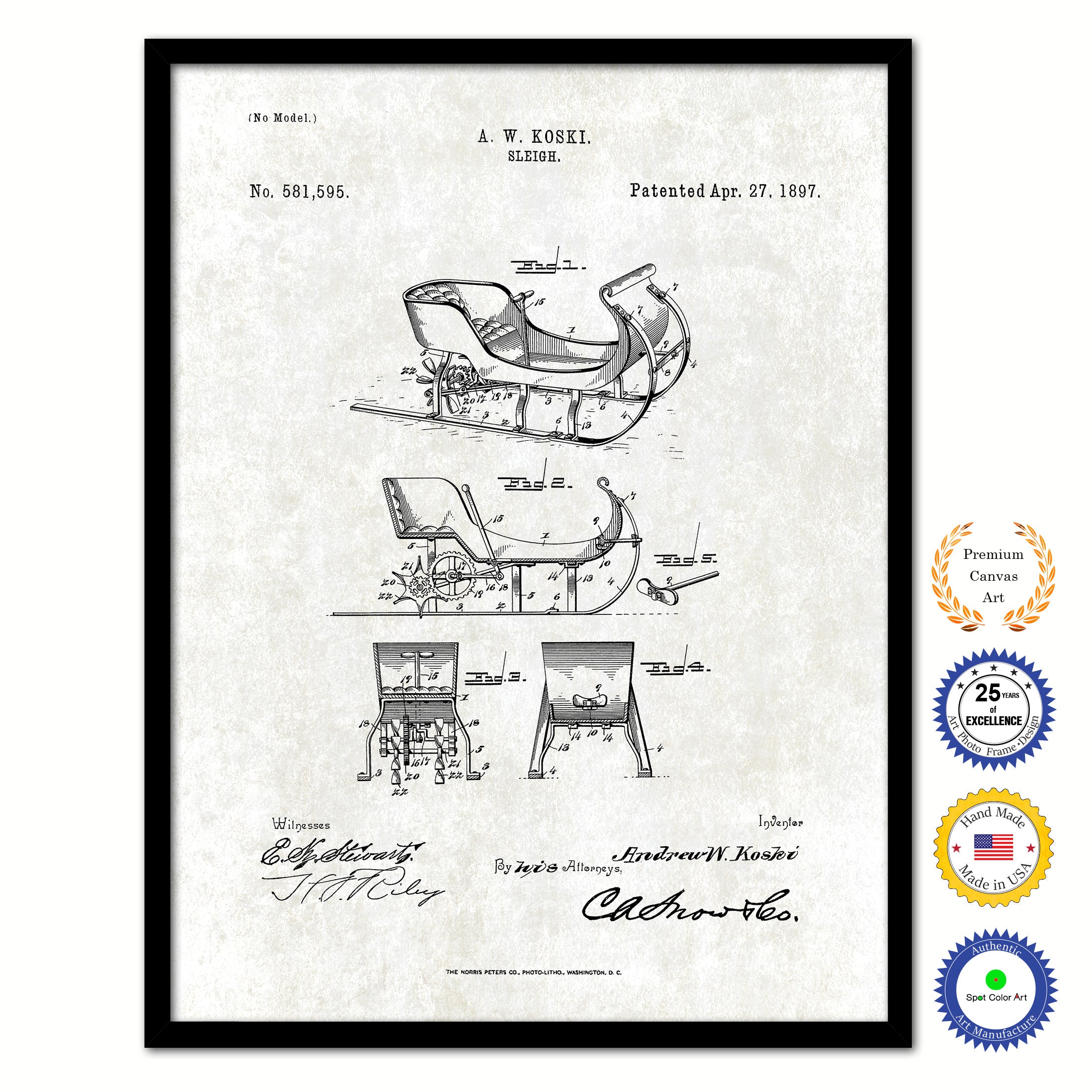 1897 Sleigh Old Patent Art Print on Canvas Custom Framed Vintage Home Decor Wall Decoration Great for Gifts