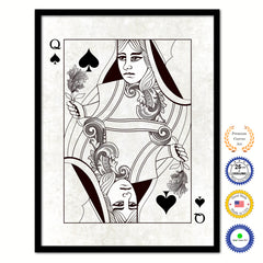 Queen Spades Poker Decks of Vintage Cards Print on Canvas Black Custom Framed