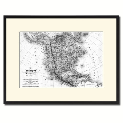 North America Canada Mexico Vintage B&W Map Canvas Print, Picture Frame Home Decor Wall Art Gift Ideas