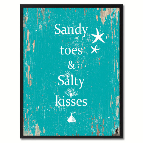 Sandy Toes & Salty Kisses Saying Canvas Print, Black Picture Frame Home Decor Wall Art Gifts