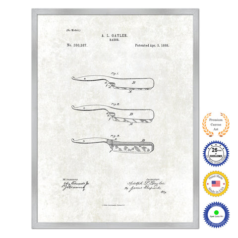 1888 Barber Razor Antique Patent Artwork Silver Framed Canvas Print Home Office Decor Great Gift for Barber Salon Hair Stylist