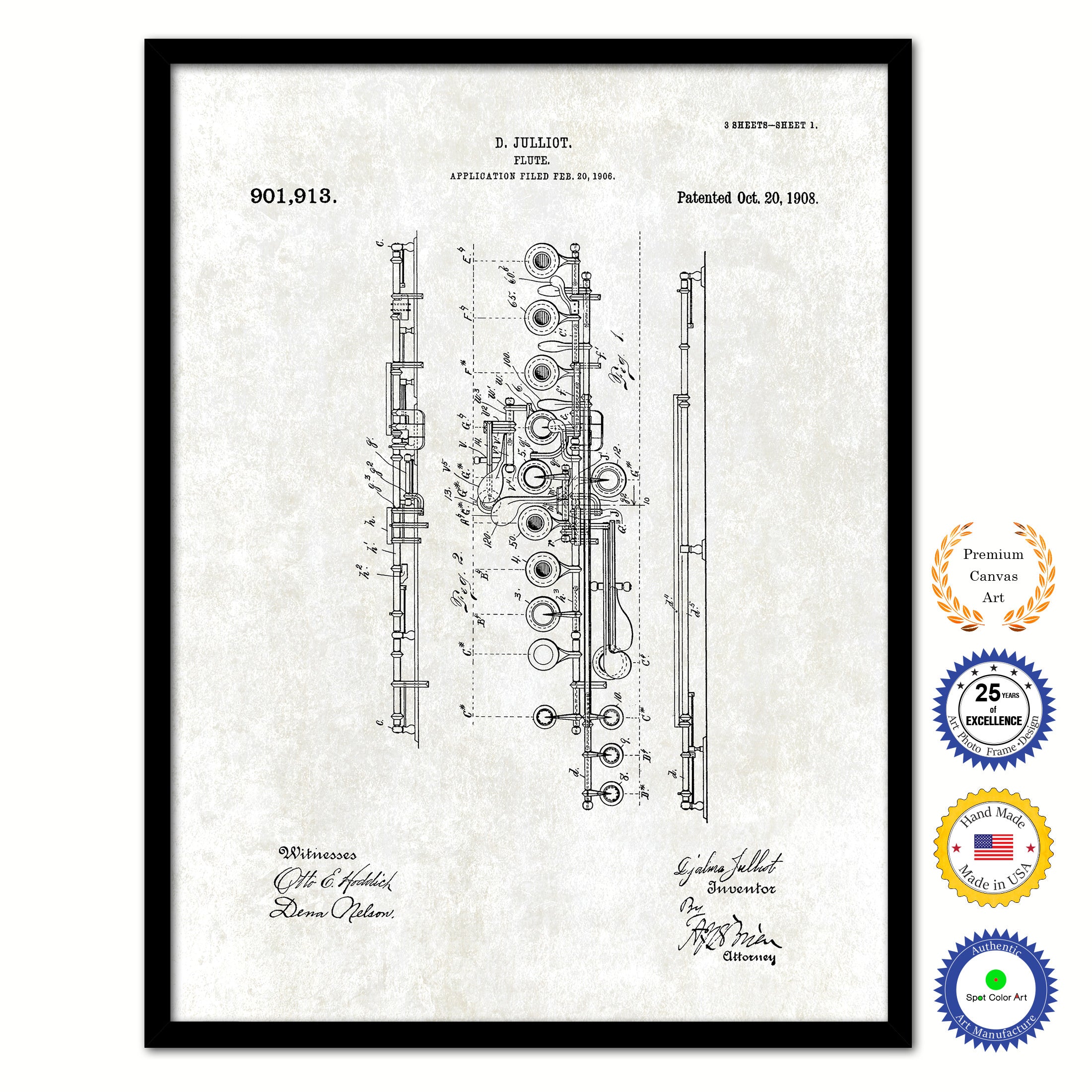 1908 Flute Old Patent Art Print on Canvas Custom Framed Vintage Home Decor Wall Decoration Great for Gifts
