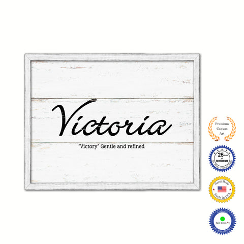Victoria Name Plate White Wash Wood Frame Canvas Print Boutique Cottage Decor Shabby Chic