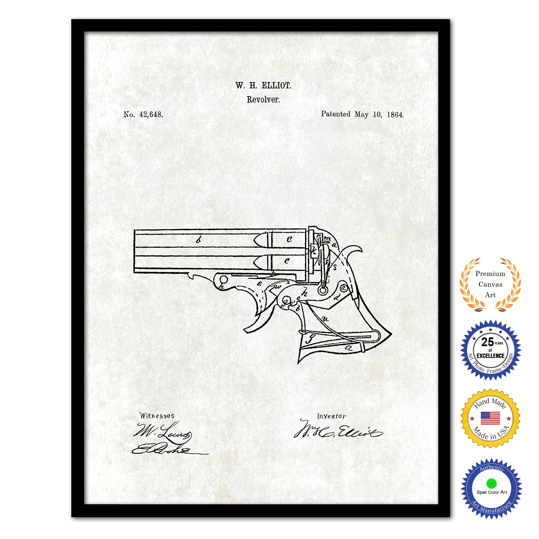 1864 Gun Revolver Old Patent Art Print on Canvas Custom Framed Vintage Home Decor Wall Decoration Great for Gifts