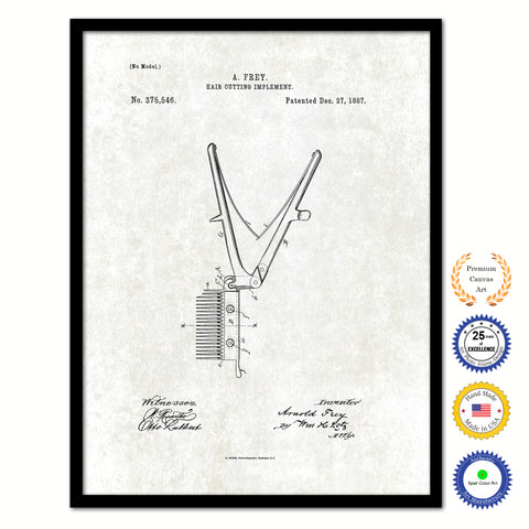 1887 Barber Hair Cutting Implement Vintage Patent Artwork Black Framed Canvas Print Home Office Decor Great Gift for Barber Salon Hair Stylist