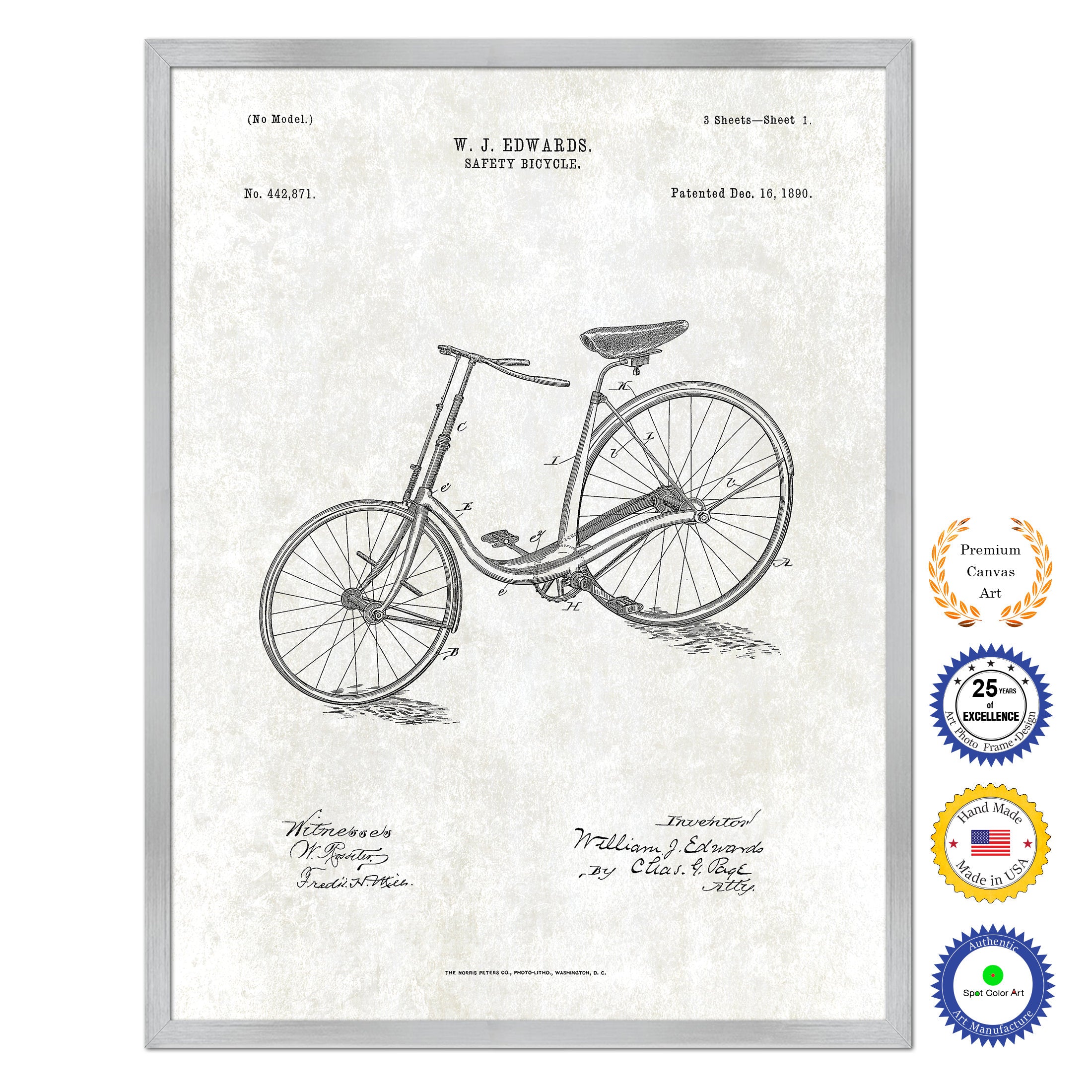 1890 Safety Bicycle Old Patent Art Print on Canvas Custom Framed Vintage Home Decor Wall Decoration Great for Gifts