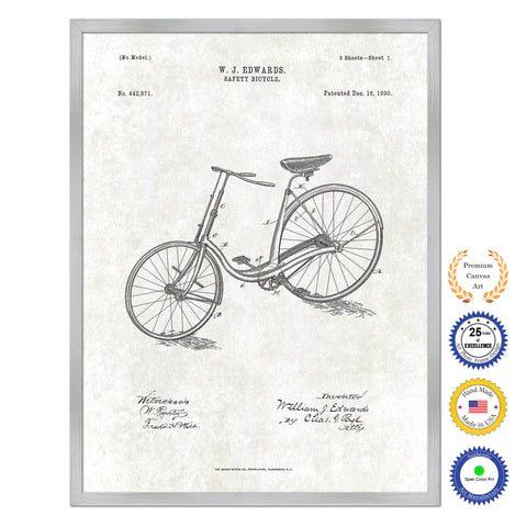 1890 Safety Bicycle Old Patent Art Print on Canvas Custom Framed Vintage Home Decor Wall Decoration Great for Gifts