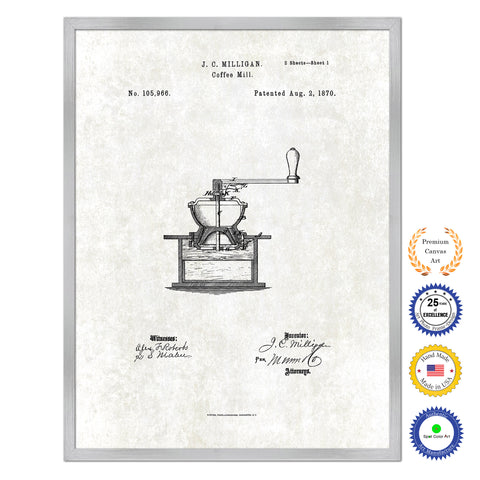 1870 Coffee Mill Grinder Antique Patent Artwork Silver Framed Canvas Print Home Office Decor Great for Coffee Spice Lover Cafe Shop