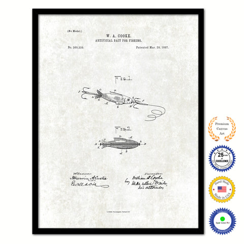 1887 Fishing Artificial Bait Vintage Patent Artwork Black Framed Canvas Print Home Office Decor Great for Fisherman Cabin Lake House
