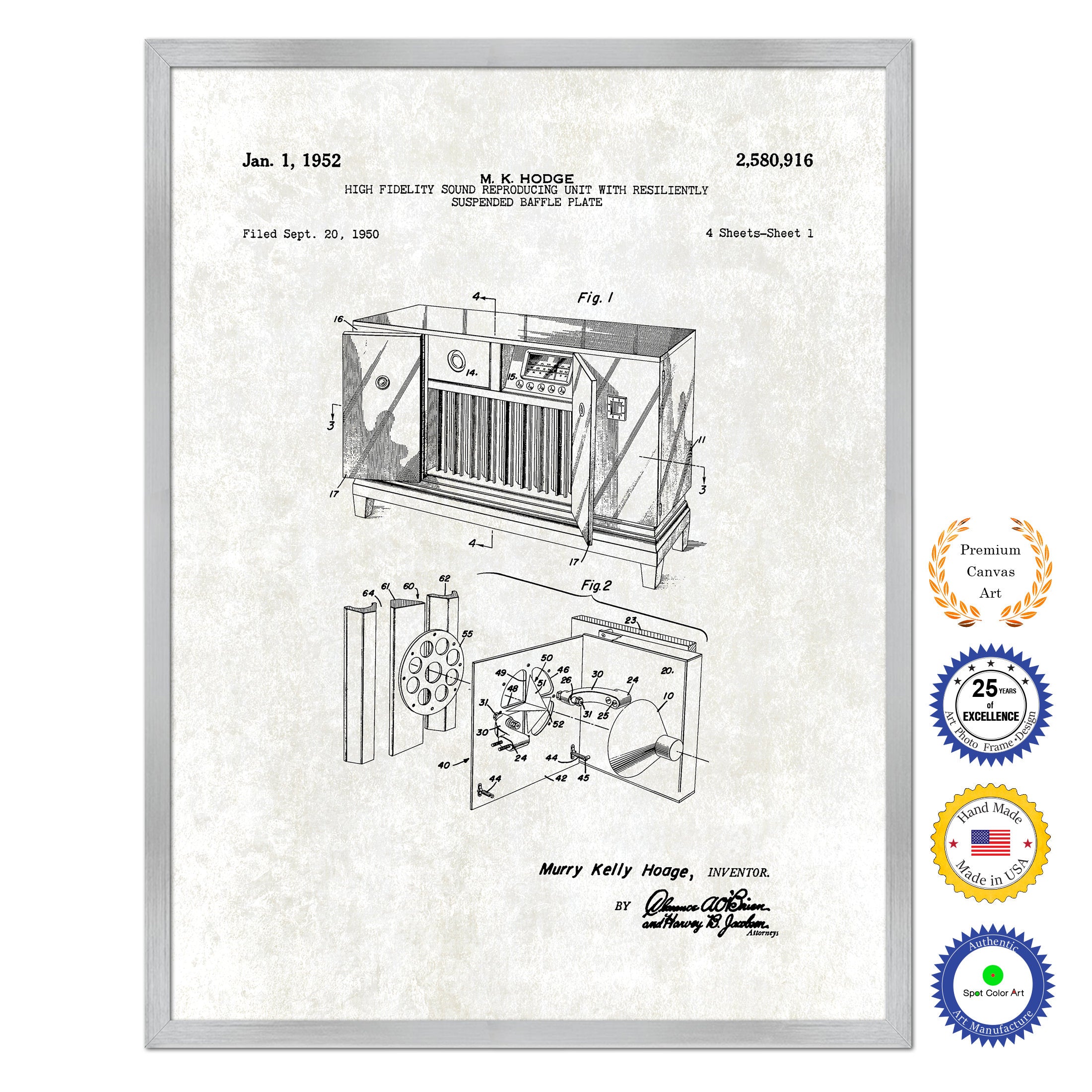 1952 High fidelity sound reproducing unit with resiliently suspended baffle plate Old Patent Art Print on Canvas Custom Framed Vintage Home Decor Wall Decoration Great for Gifts