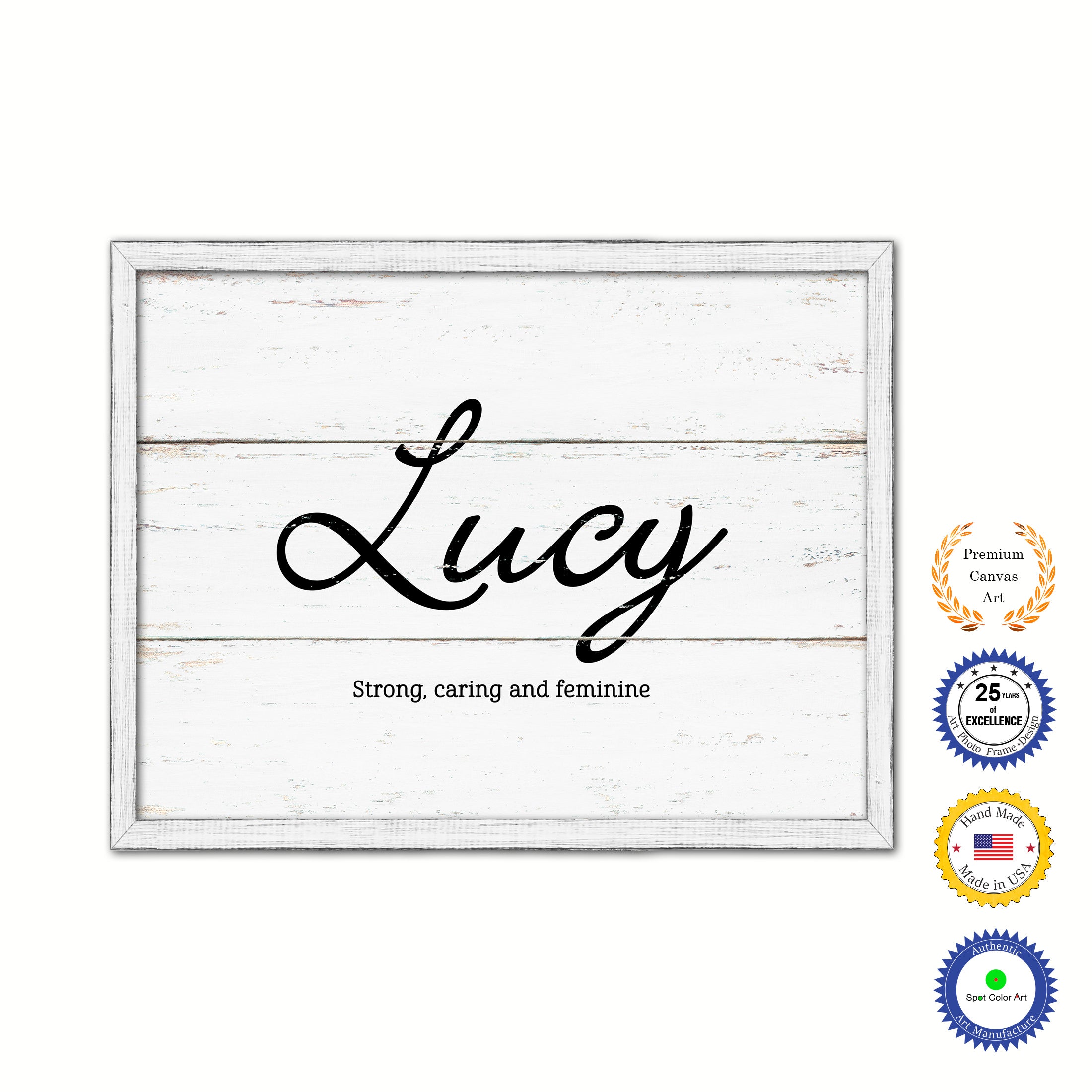 Lucy Name Plate White Wash Wood Frame Canvas Print Boutique Cottage Decor Shabby Chic