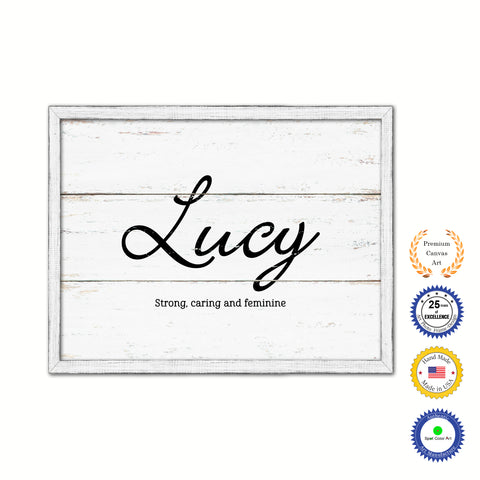 Lucy Name Plate White Wash Wood Frame Canvas Print Boutique Cottage Decor Shabby Chic