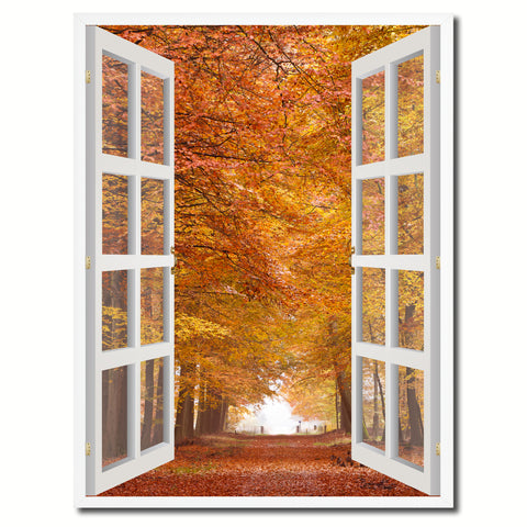 Autumn Trees Red Leaves Picture French Window Framed Canvas Print Home Decor Wall Art Collection