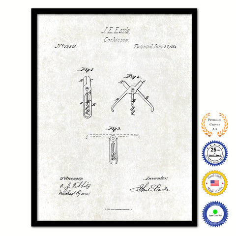 1868 Wine Corkscrew Old Patent Art Print on Canvas Custom Framed Vintage Home Decor Wall Decoration Great for Gifts