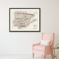 Spain Portugal Vintage Sepia Map Canvas Print, Picture Frame Gifts Home Decor Wall Art Decoration