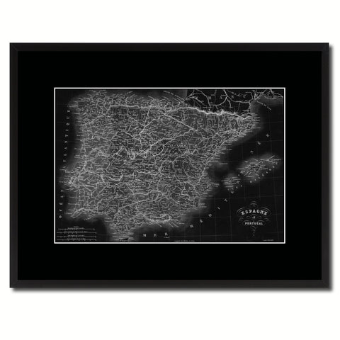 Spain Portugal Vintage Monochrome Map Canvas Print, Gifts Picture Frames Home Decor Wall Art