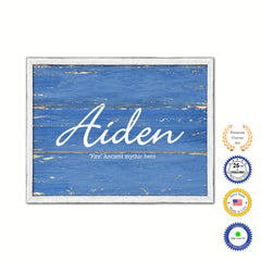 Aiden Name Plate White Wash Wood Frame Canvas Print Boutique Cottage Decor Shabby Chic