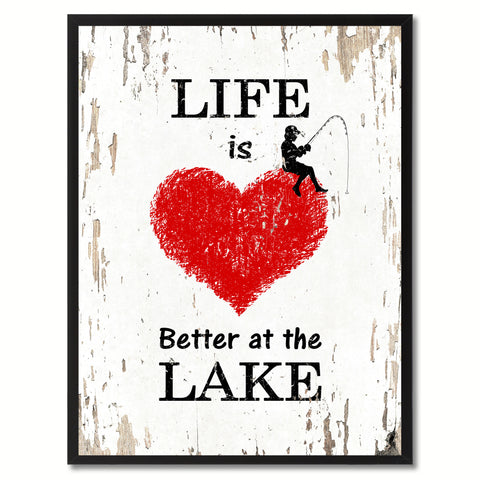 Life Is Better At The Lake Saying Canvas Print, Black Picture Frame Home Decor Wall Art Gifts