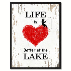 Life Is Better At The Lake Saying Canvas Print, Black Picture Frame Home Decor Wall Art Gifts